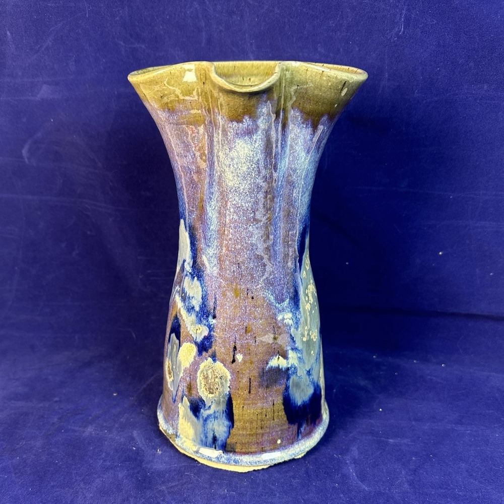 Vintage Handmade Studio Pottery Pitcher 9.5" Blue Brown Drip Glaze Art Pottery - Picture 4 of 8